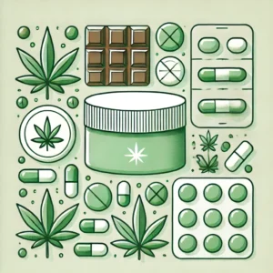 Minimalist vector-style illustration focusing on cannabis edibles like gummies, chocolates, and capsules with a clean, modern aesthetic.