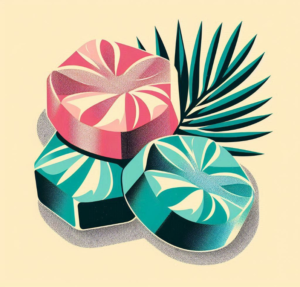 A minimalist vector-style illustration of three THC gummies in vibrant pink and teal hues, arranged with a tropical palm leaf accent. The design features clean lines and subtle shading, creating a modern and elegant aesthetic.